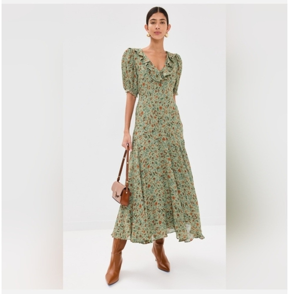Reformation Sage Green Floral Ruffle Open Back Midi Dress Size 4 Viscose
